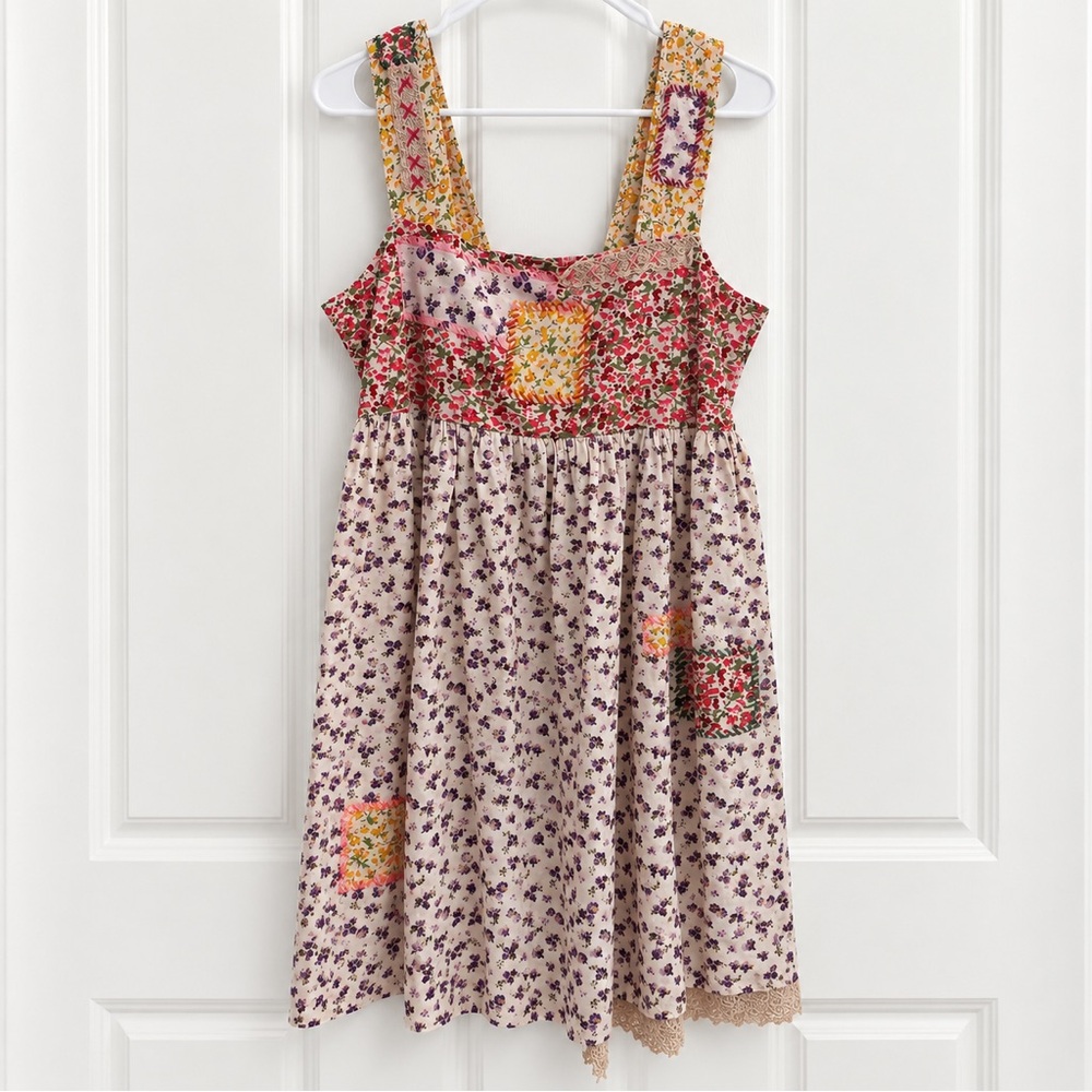 NWT Natural Life Boho Patchwork Floral Cottagecore Babydoll Mini Dress 🌸 Large